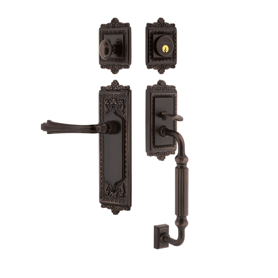 Nostalgic 768837: Entry Lockset w/Egg & Dart Backplate, F-Grip Exterior Handle and Fleur Interior Lever - Timeless Bronze