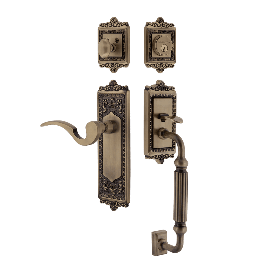Nostalgic 770246: Entry Lockset w/Egg & Dart Backplate, F-Grip Exterior Handle and Manor Interior Lever - Antique Brass