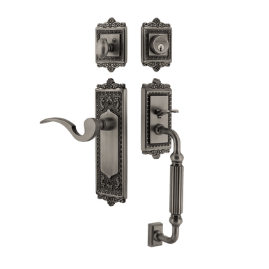 Nostalgic 770244: Entry Lockset w/Egg & Dart Backplate, F-Grip Exterior Handle and Manor Interior Lever - Antique Pewter