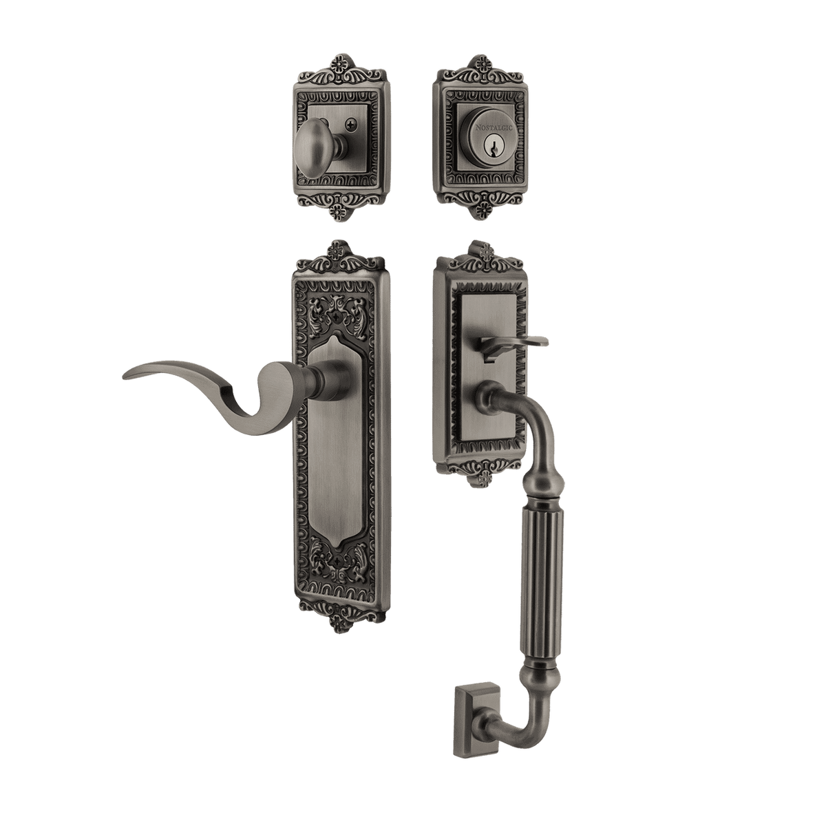 Nostalgic 767433: Entry Lockset w/Egg & Dart Backplate, F-Grip Exterior Handle and Manor Interior Lever - Antique Pewter