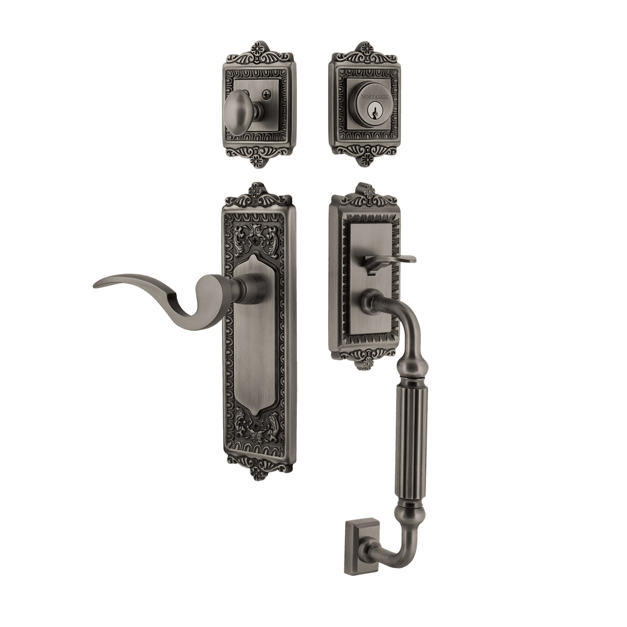 Nostalgic 767433: Entry Lockset w/Egg & Dart Backplate, F-Grip Exterior Handle and Manor Interior Lever - Antique Pewter