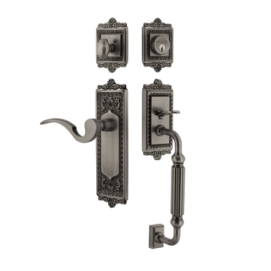 Nostalgic 770249: Entry Lockset w/Egg & Dart Backplate, F-Grip Exterior Handle and Manor Interior Lever - Antique Pewter