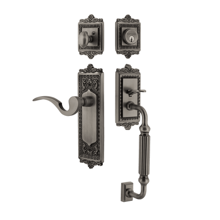 Nostalgic 767434: Entry Lockset w/Egg & Dart Backplate, F-Grip Exterior Handle and Manor Interior Lever - Antique Pewter