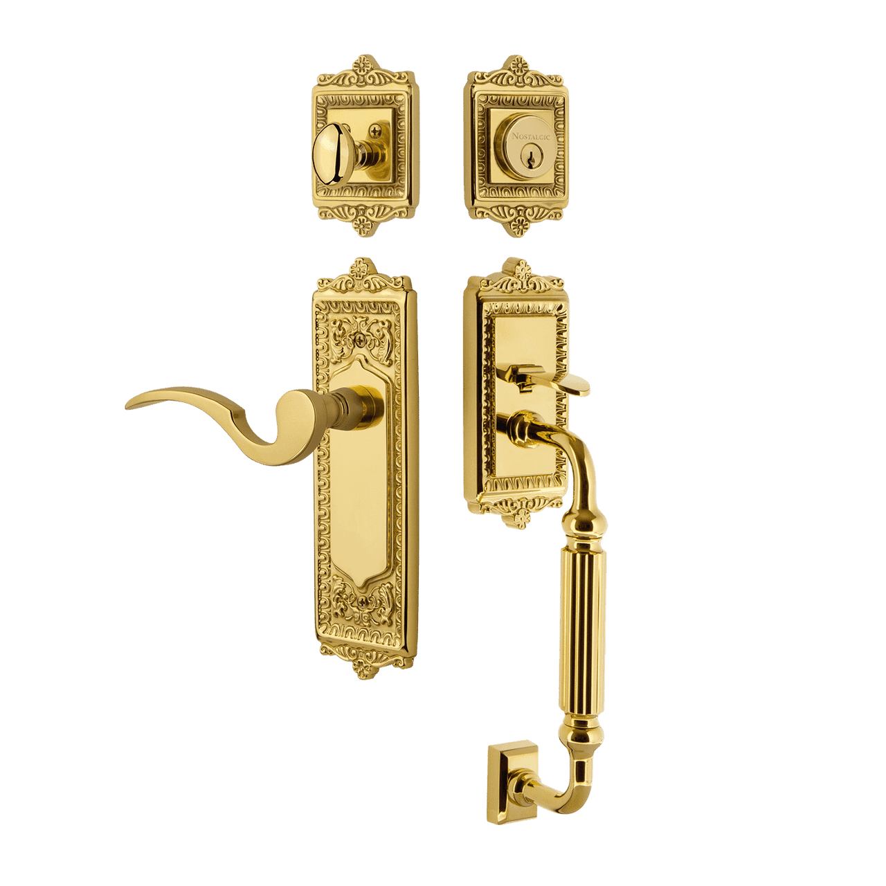 Nostalgic 770247: Entry Lockset w/Egg & Dart Backplate, F-Grip Exterior Handle and Manor Interior Lever - Polished Brass