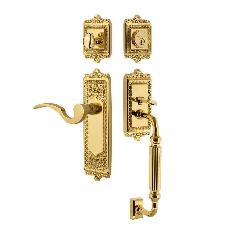Nostalgic 770247: Entry Lockset w/Egg & Dart Backplate, F-Grip Exterior Handle and Manor Interior Lever - Polished Brass