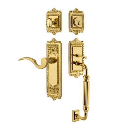 Nostalgic 767435: Entry Lockset w/Egg & Dart Backplate, F-Grip Exterior Handle and Manor Interior Lever - Polished Brass