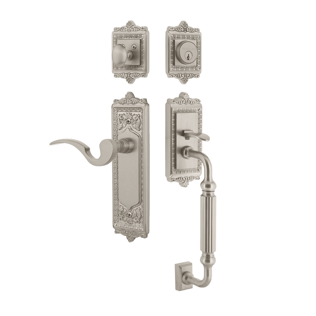 Nostalgic 767437: Entry Lockset w/Egg & Dart Backplate, F-Grip Exterior Handle and Manor Interior Lever - Satin Nickel