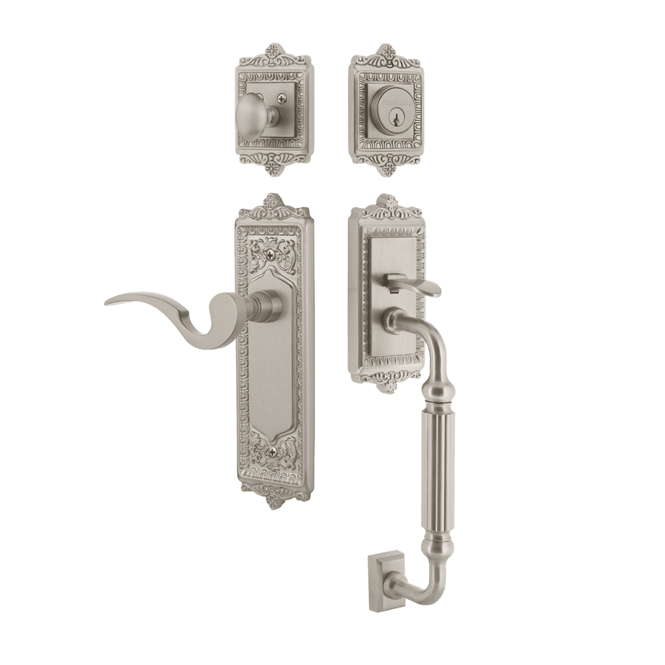Nostalgic 770250: Entry Lockset w/Egg & Dart Backplate, F-Grip Exterior Handle and Manor Interior Lever - Satin Nickel