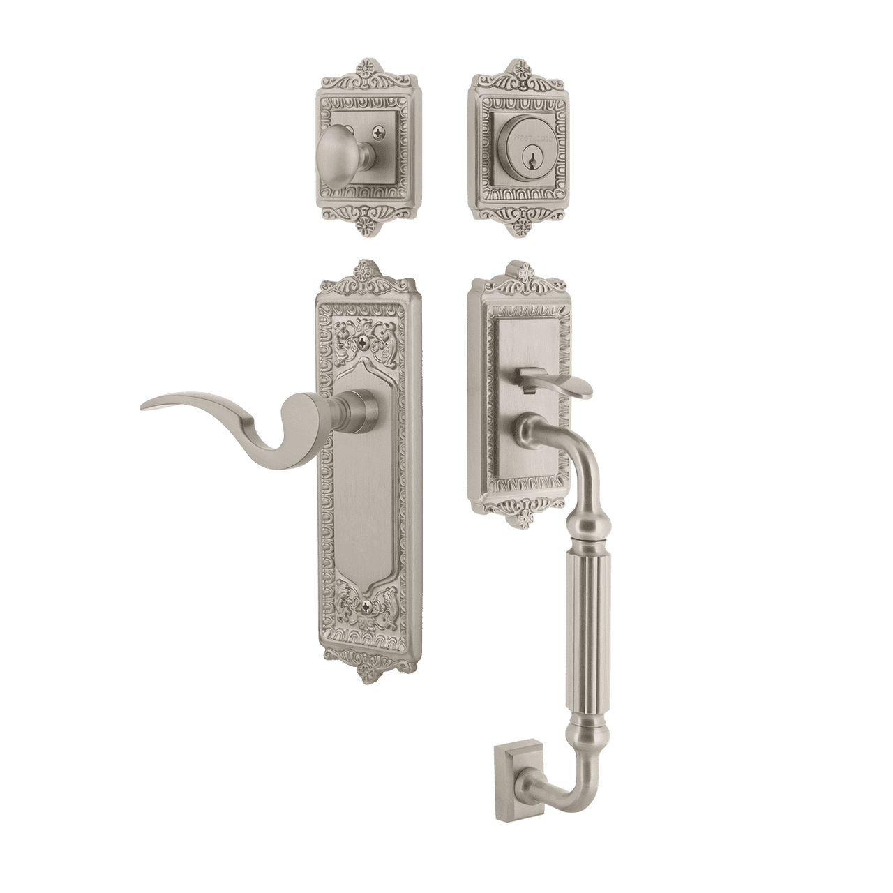 Nostalgic 767442: Entry Lockset w/Egg & Dart Backplate, F-Grip Exterior Handle and Manor Interior Lever - Satin Nickel