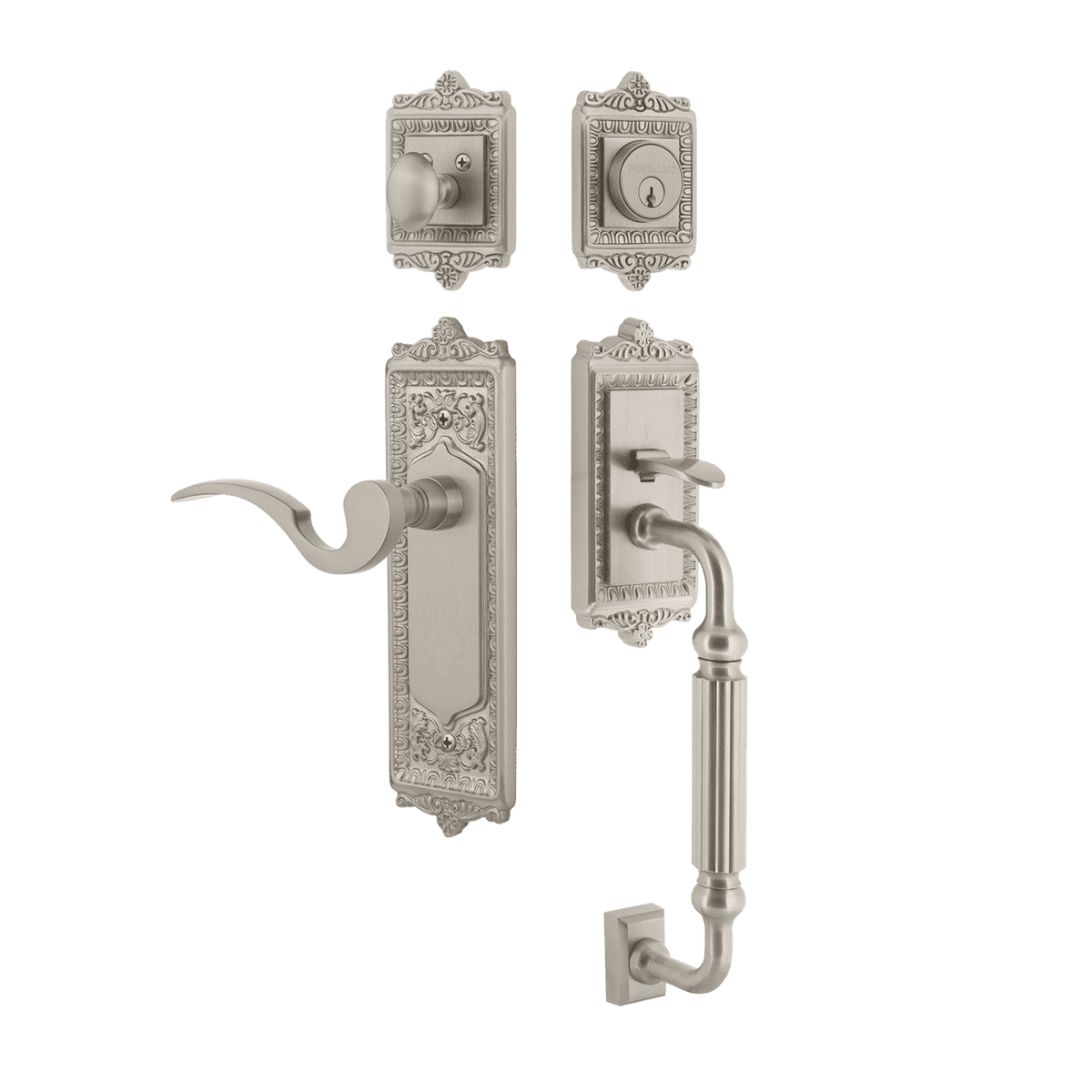 Nostalgic 770245: Entry Lockset w/Egg & Dart Backplate, F-Grip Exterior Handle and Manor Interior Lever - Satin Nickel