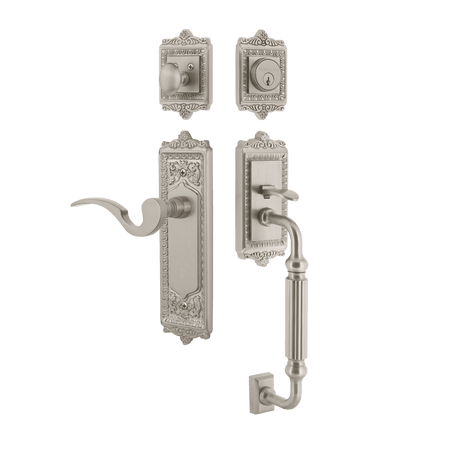 Nostalgic 770245: Entry Lockset w/Egg & Dart Backplate, F-Grip Exterior Handle and Manor Interior Lever - Satin Nickel