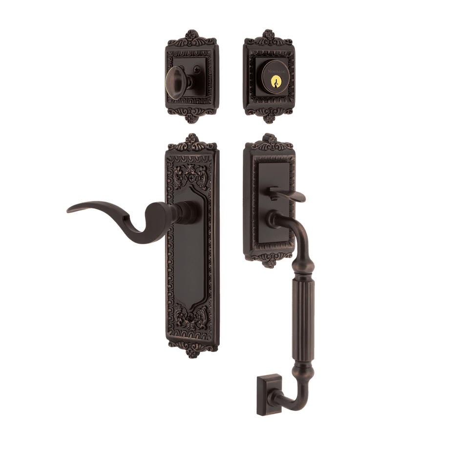 Nostalgic 767438: Entry Lockset w/Egg & Dart Backplate, F-Grip Exterior Handle and Manor Interior Lever - Timeless Bronze