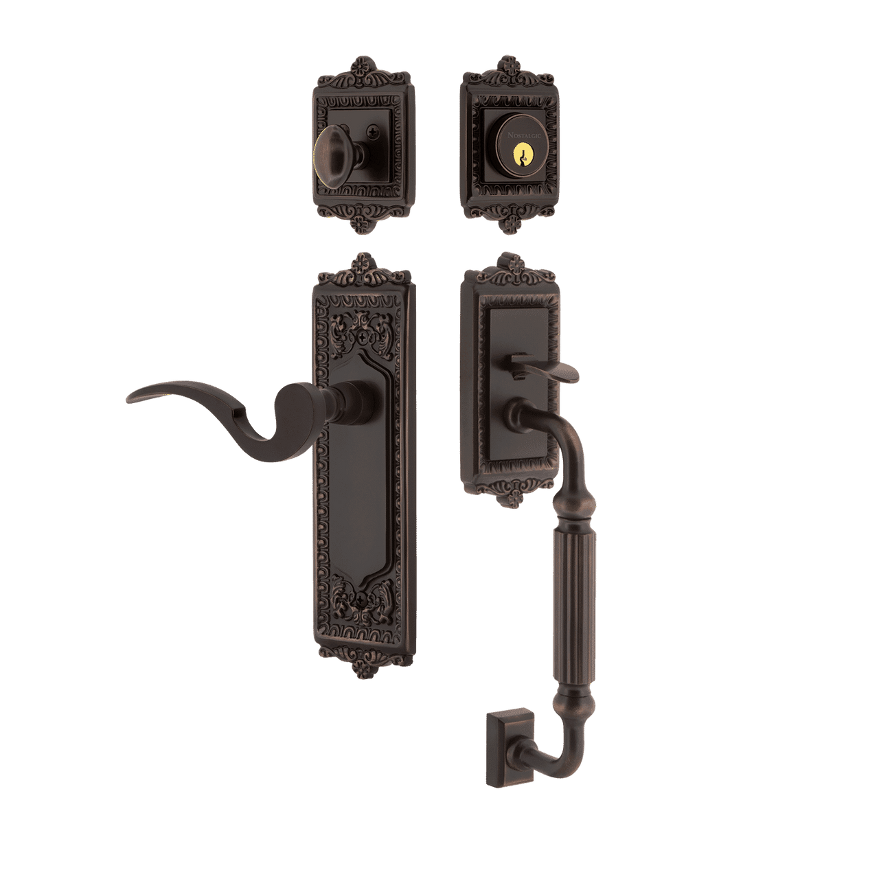 Nostalgic 770248: Entry Lockset w/Egg & Dart Backplate, F-Grip Exterior Handle and Manor Interior Lever - Timeless Bronze