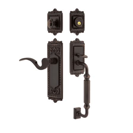 Nostalgic 770248: Entry Lockset w/Egg & Dart Backplate, F-Grip Exterior Handle and Manor Interior Lever - Timeless Bronze