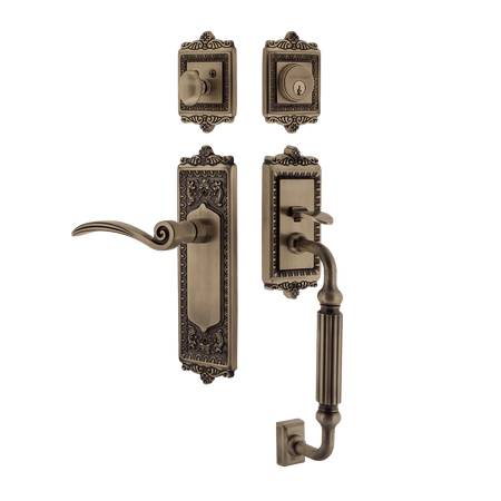 Nostalgic 768141: Entry Lockset w/Egg & Dart Backplate, F-Grip Exterior Handle and Swan Interior Lever - Antique Brass