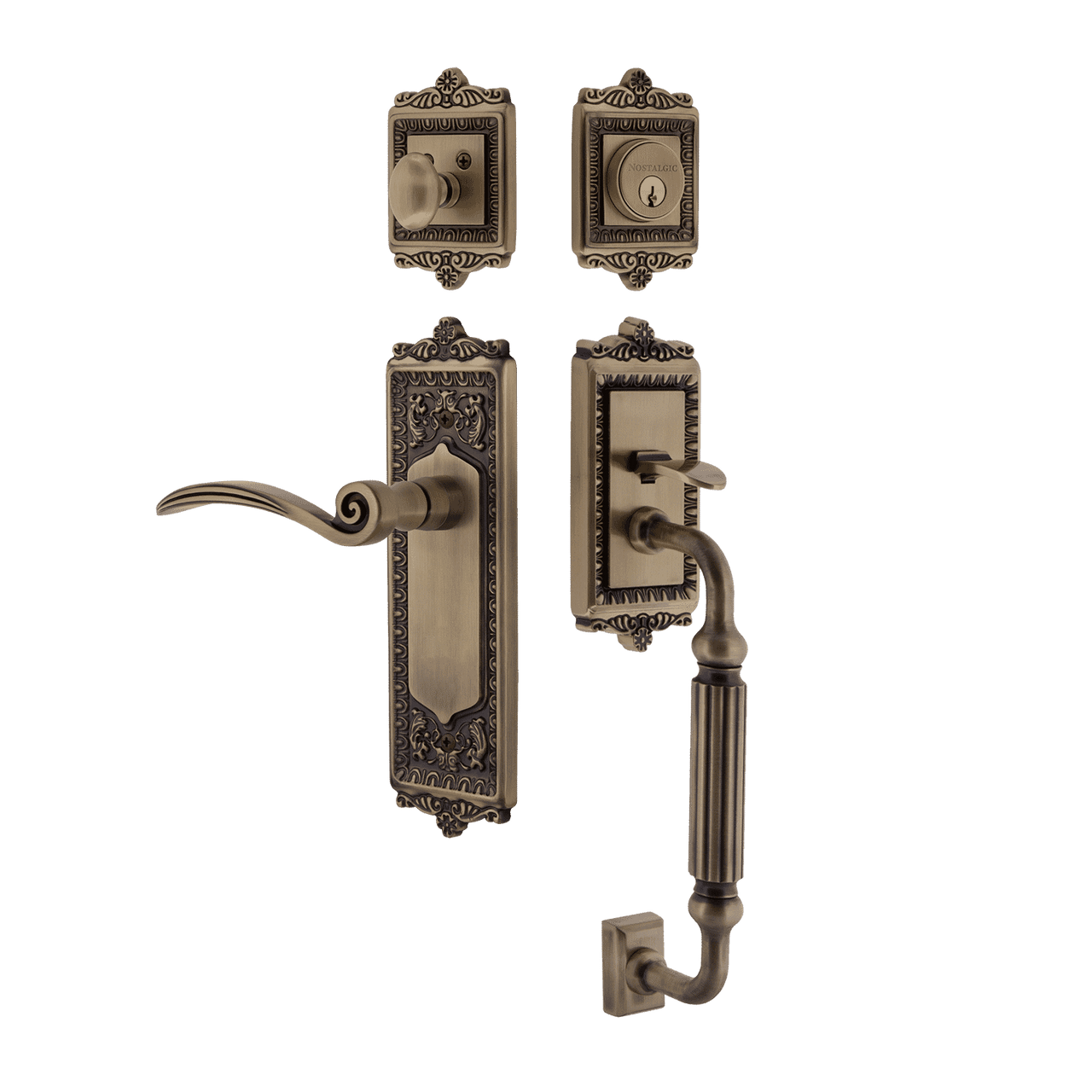 Nostalgic 768136: Entry Lockset w/Egg & Dart Backplate, F-Grip Exterior Handle and Swan Interior Lever - Antique Brass