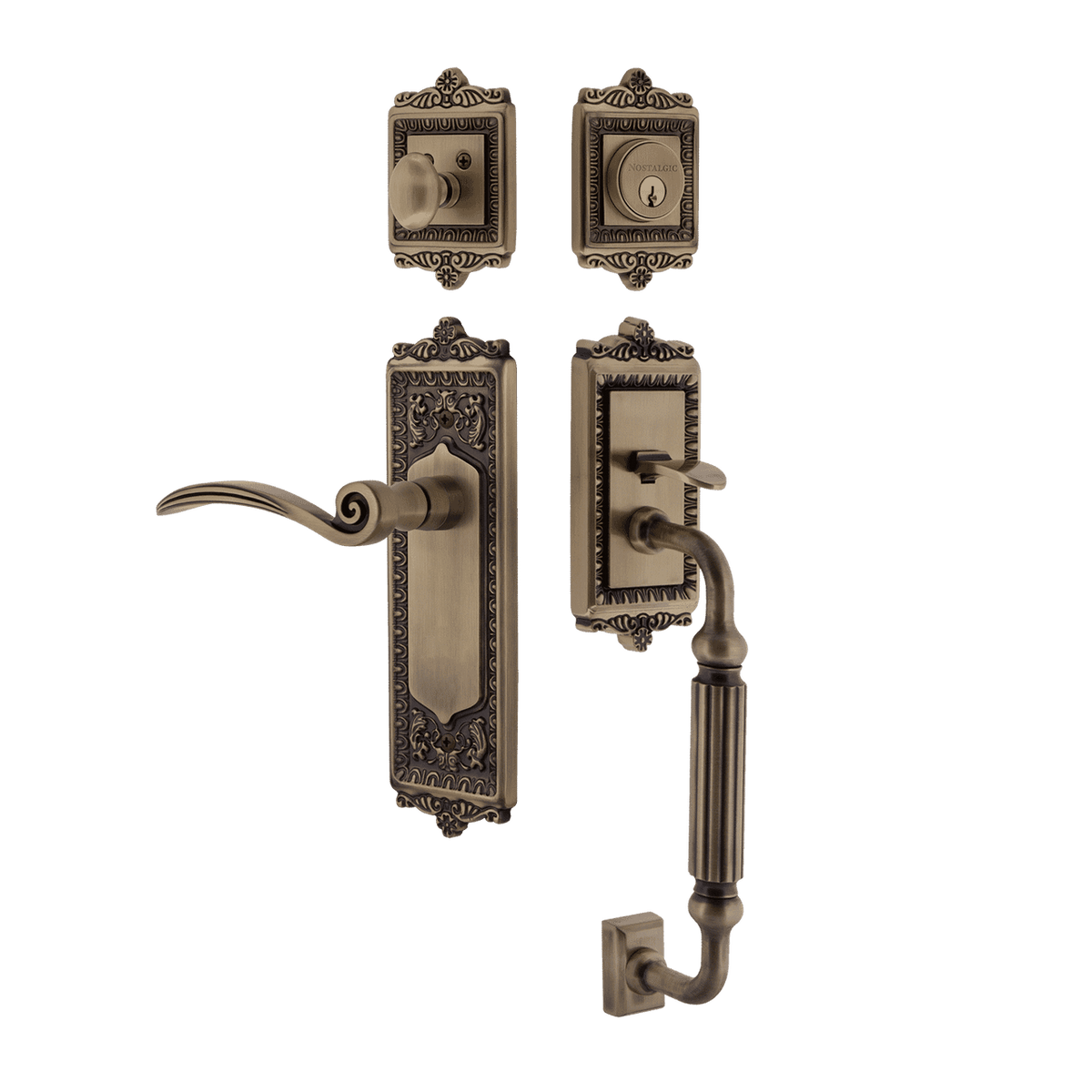 Nostalgic 770300: Entry Lockset w/Egg & Dart Backplate, F-Grip Exterior Handle and Swan Interior Lever - Antique Brass