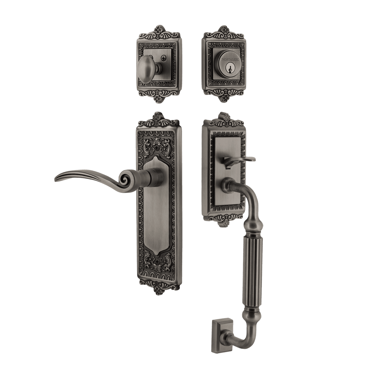 Nostalgic 770307: Entry Lockset w/Egg & Dart Backplate, F-Grip Exterior Handle and Swan Interior Lever - Antique Pewter