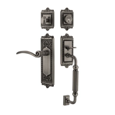 Nostalgic 770307: Entry Lockset w/Egg & Dart Backplate, F-Grip Exterior Handle and Swan Interior Lever - Antique Pewter