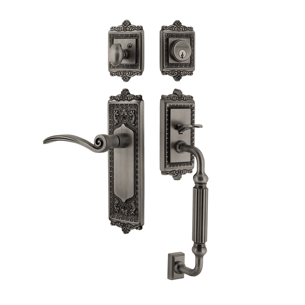 Nostalgic 770351: Entry Lockset w/Egg & Dart Backplate, F-Grip Exterior Handle and Swan Interior Lever - Antique Pewter