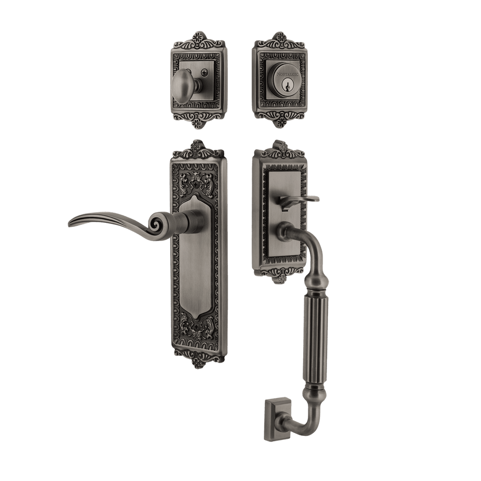 Nostalgic 770351: Entry Lockset w/Egg & Dart Backplate, F-Grip Exterior Handle and Swan Interior Lever - Antique Pewter