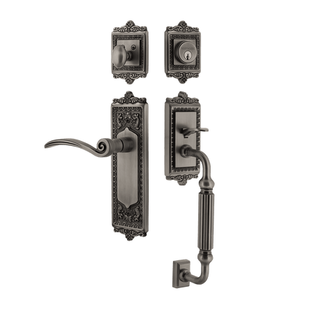 Nostalgic 768130: Entry Lockset w/Egg & Dart Backplate, F-Grip Exterior Handle and Swan Interior Lever - Antique Pewter