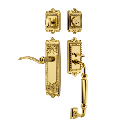 Nostalgic 770310: Entry Lockset w/Egg & Dart Backplate, F-Grip Exterior Handle and Swan Interior Lever - Polished Brass