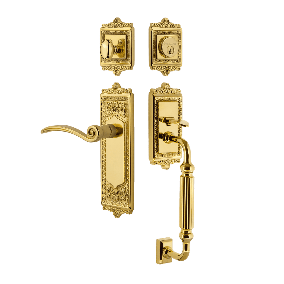 Nostalgic 770310: Entry Lockset w/Egg & Dart Backplate, F-Grip Exterior Handle and Swan Interior Lever - Polished Brass