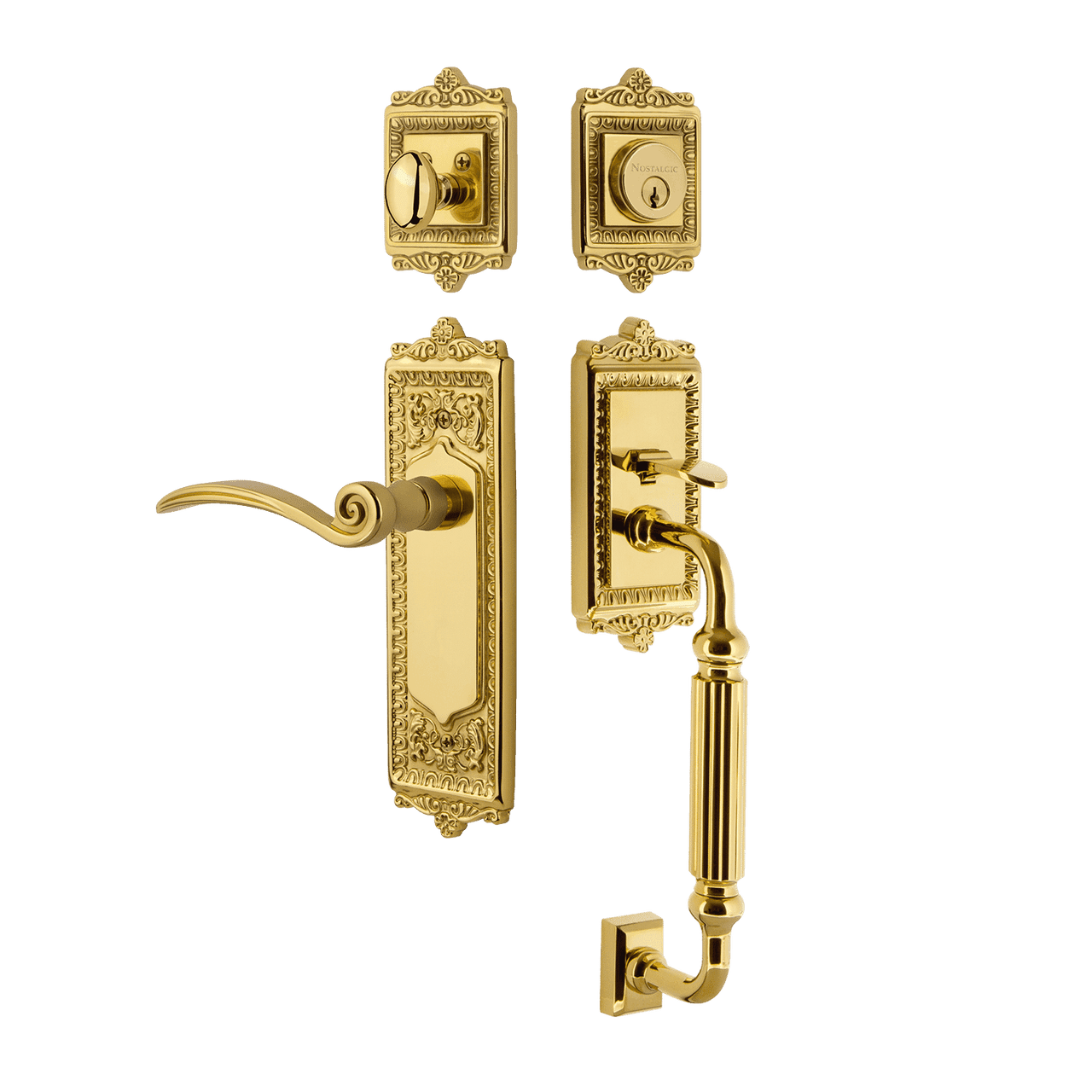 Nostalgic 770333: Entry Lockset w/Egg & Dart Backplate, F-Grip Exterior Handle and Swan Interior Lever - Polished Brass