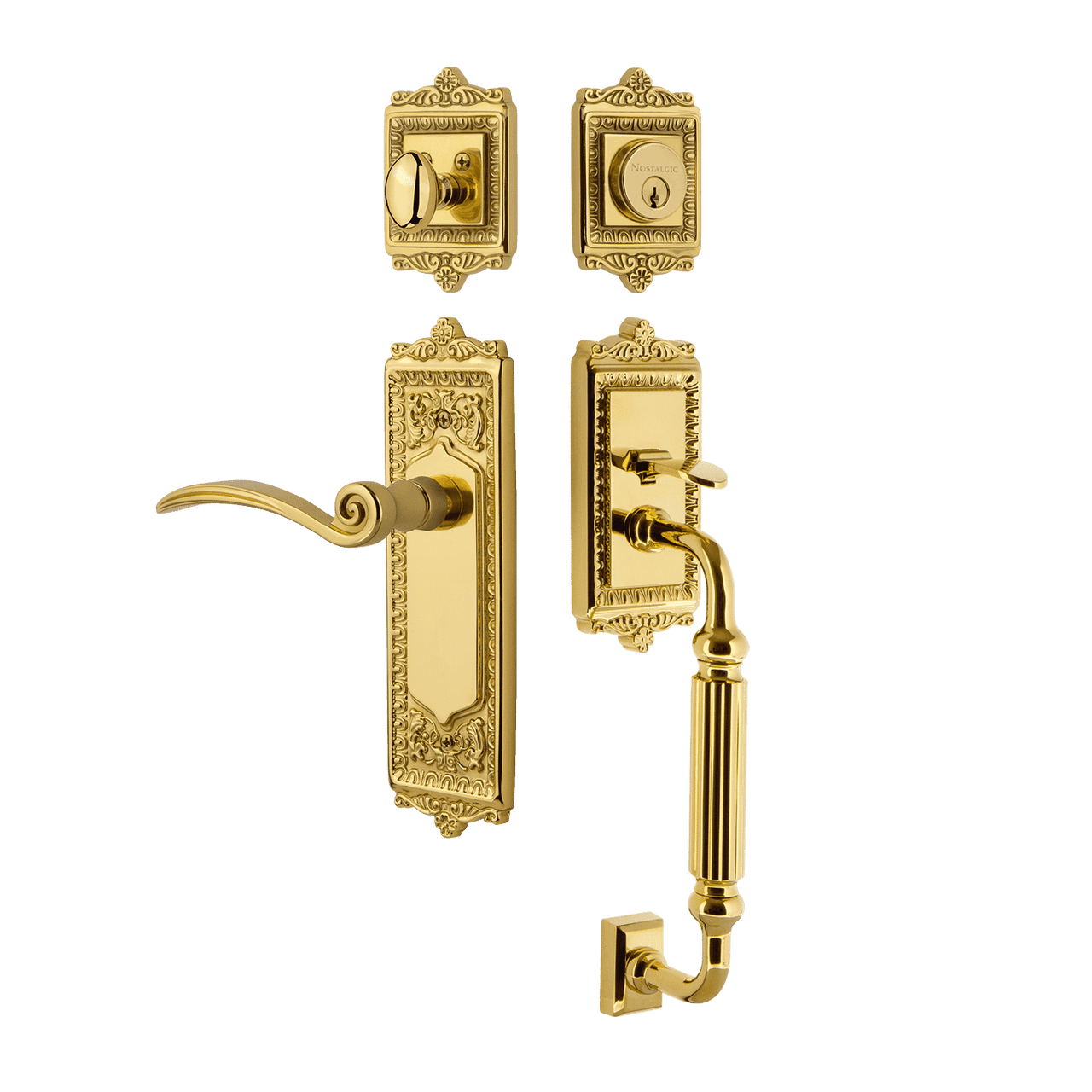 Nostalgic 768132: Entry Lockset w/Egg & Dart Backplate, F-Grip Exterior Handle and Swan Interior Lever - Polished Brass