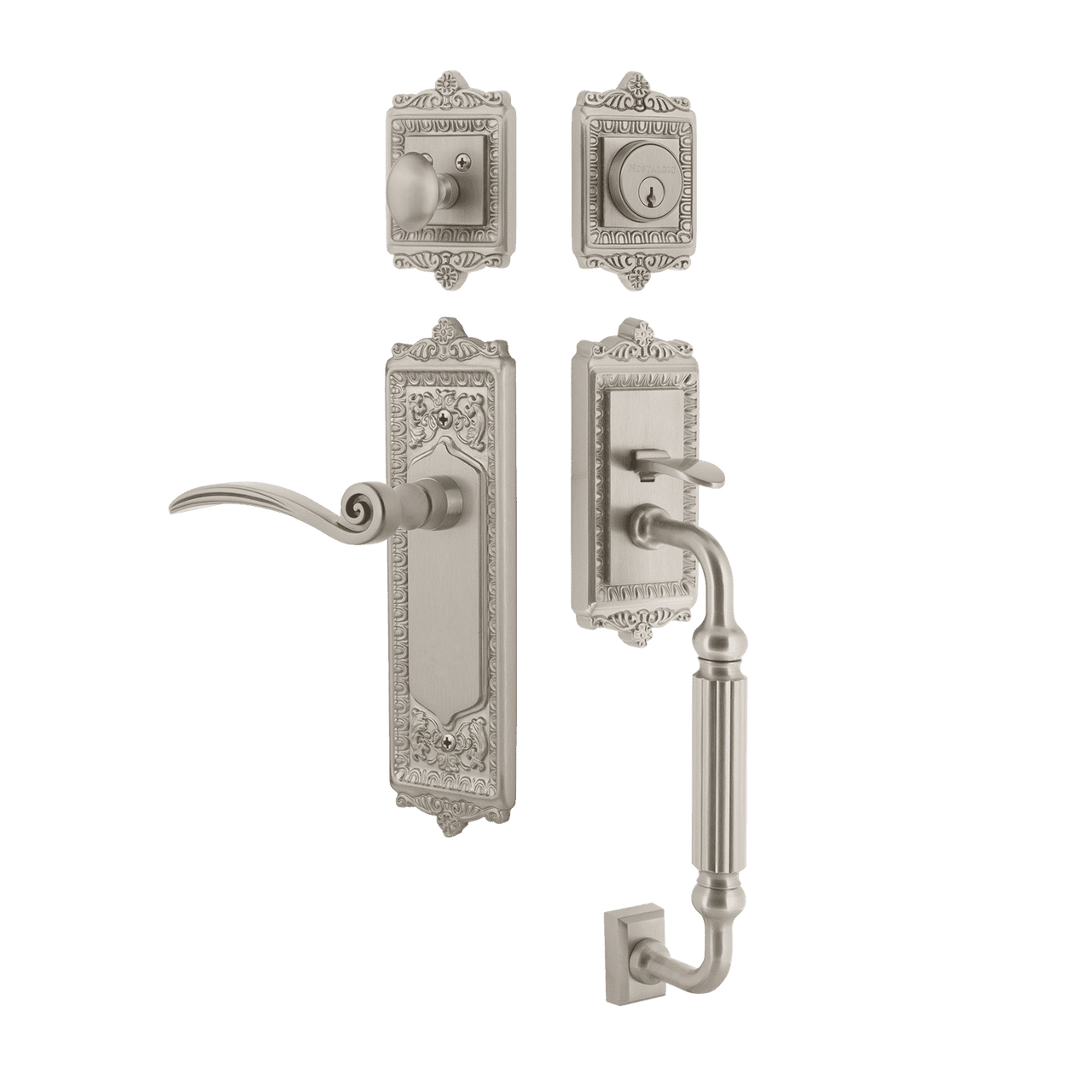 Nostalgic 770299: Entry Lockset w/Egg & Dart Backplate, F-Grip Exterior Handle and Swan Interior Lever - Satin Nickel
