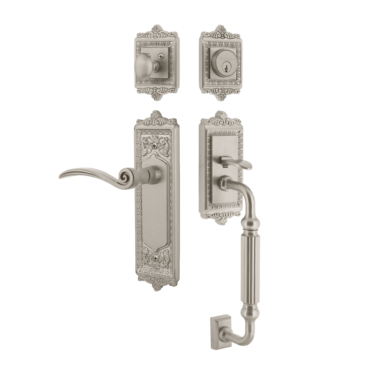 Nostalgic 770335: Entry Lockset w/Egg & Dart Backplate, F-Grip Exterior Handle and Swan Interior Lever - Satin Nickel