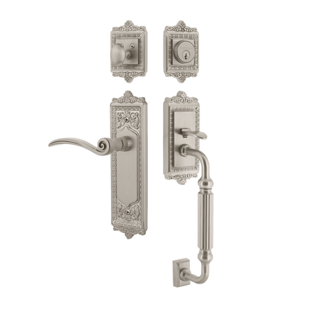 Nostalgic 770335: Entry Lockset w/Egg & Dart Backplate, F-Grip Exterior Handle and Swan Interior Lever - Satin Nickel