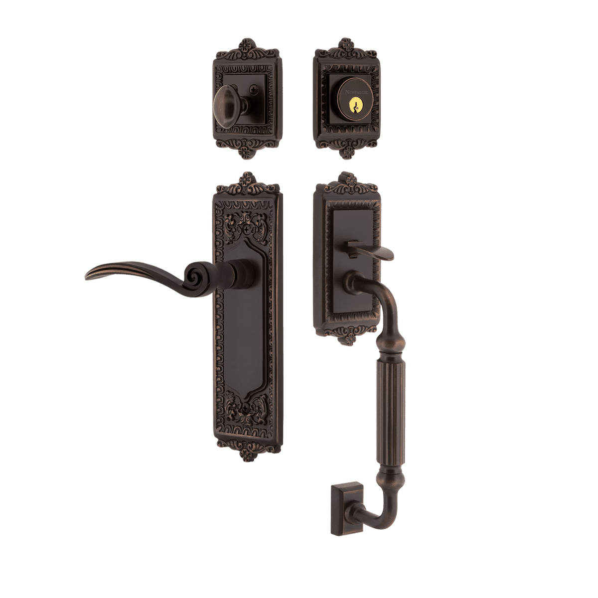 Nostalgic 770338: Entry Lockset w/Egg & Dart Backplate, F-Grip Exterior Handle and Swan Interior Lever - Timeless Bronze