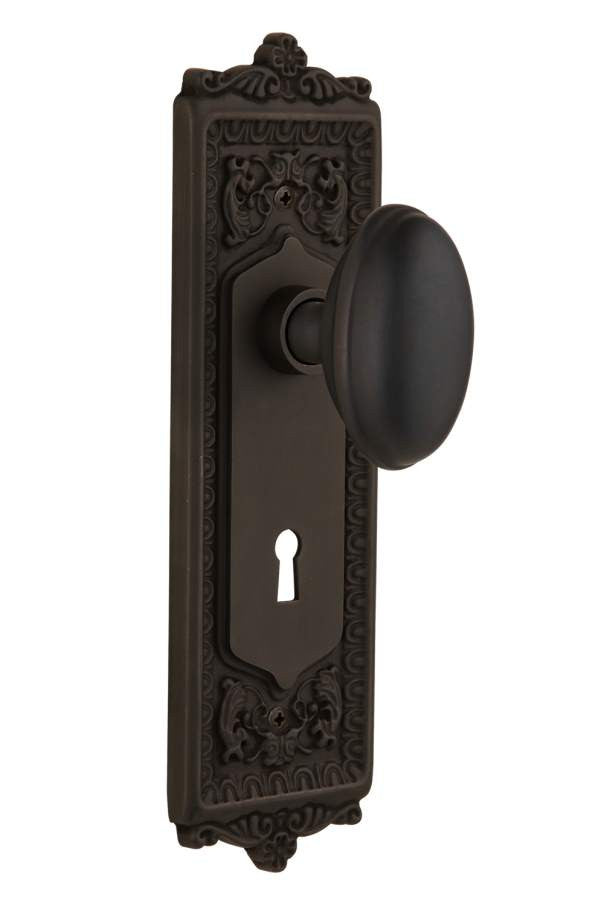 Nostalgic 704203: Egg & Dart Backplate w/Homestead Knob Privacy Door Set - Oil-Rubbed Bronze