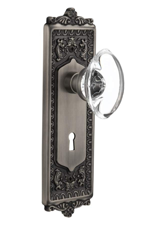 Nostalgic 711478: Egg & Dart Backplate w/Oval Clear Glass Crystal Knob Single Dummy Door Set - Antique Pewter