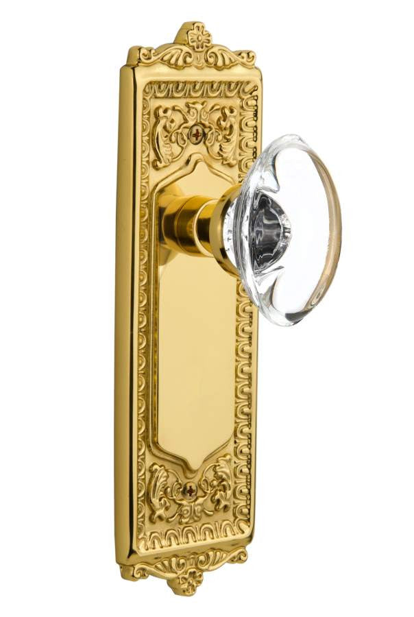 Nostalgic 716936: Egg & Dart Backplate w/Oval Clear Glass Crystal Knob Passage Door Set - Unlacquered Brass