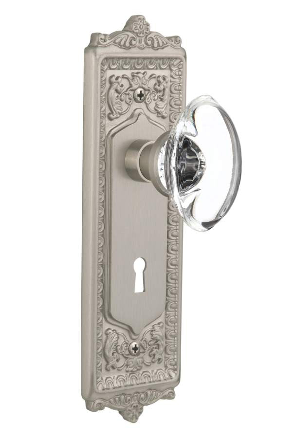 Nostalgic 711386: Egg & Dart Backplate w/Oval Clear Glass Crystal Knob Passage Door Set - Satin Nickel