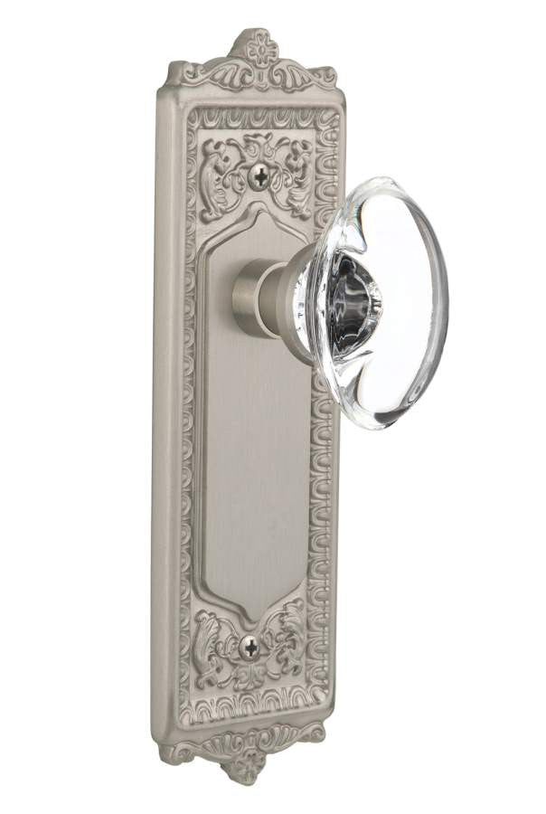 Nostalgic 711332: Egg & Dart Backplate w/Oval Clear Glass Crystal Knob Passage Door Set - Satin Nickel