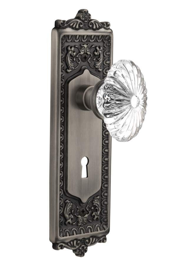 Nostalgic 711918: Egg & Dart Backplate w/Oval Fluted Clear Glass Crystal Knob Single Dummy Door Set - Antique Pewter