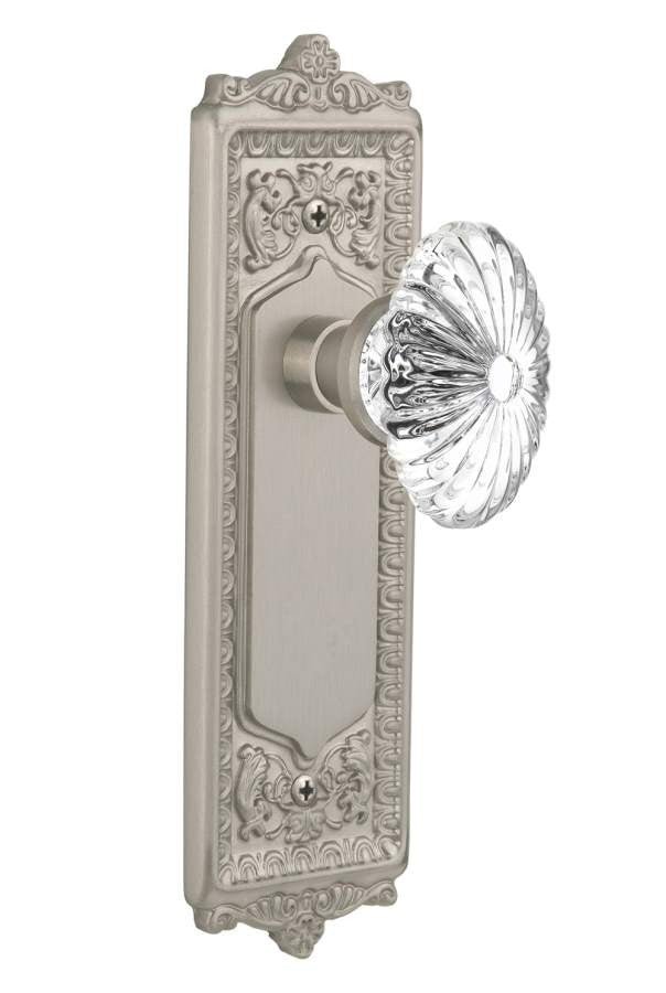 Nostalgic 712060: Egg & Dart Backplate w/Oval Fluted Clear Glass Crystal Knob Privacy Door Set - Satin Nickel