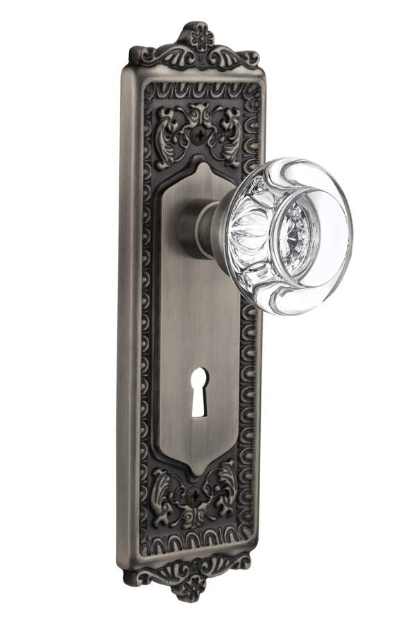 Nostalgic 712358: Egg & Dart Backplate w/Round Clear Glass Crystal Knob Single Dummy Door Set - Antique Pewter