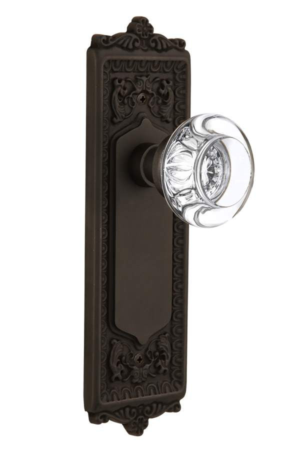 Nostalgic 712498: Egg & Dart Backplate w/Round Clear Glass Crystal Knob Privacy Door Set - Oil-Rubbed Bronze