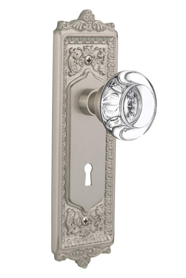 Nostalgic 712266: Egg & Dart Backplate w/Round Clear Glass Crystal Knob Passage Door Set - Satin Nickel