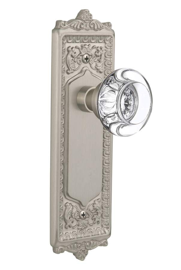 Nostalgic 712212: Egg & Dart Backplate w/Round Clear Glass Crystal Knob Passage Door Set - Satin Nickel