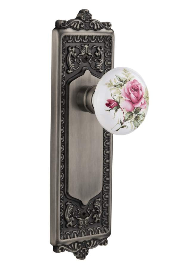 Nostalgic 710984: Egg & Dart Backplate w/White Rose Porcelain Knob Single Dummy Door Set - Antique Pewter