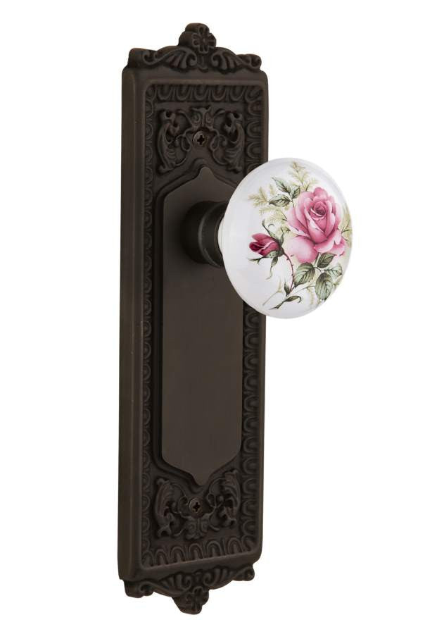 Nostalgic 710986: Egg & Dart Backplate w/White Rose Porcelain Knob Single Dummy Door Set - Oil-Rubbed Bronze