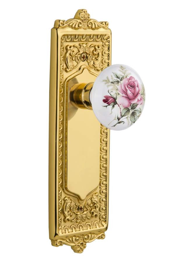 Nostalgic 710891: Egg & Dart Backplate w/White Rose Porcelain Knob Passage Door Set - Polished Brass