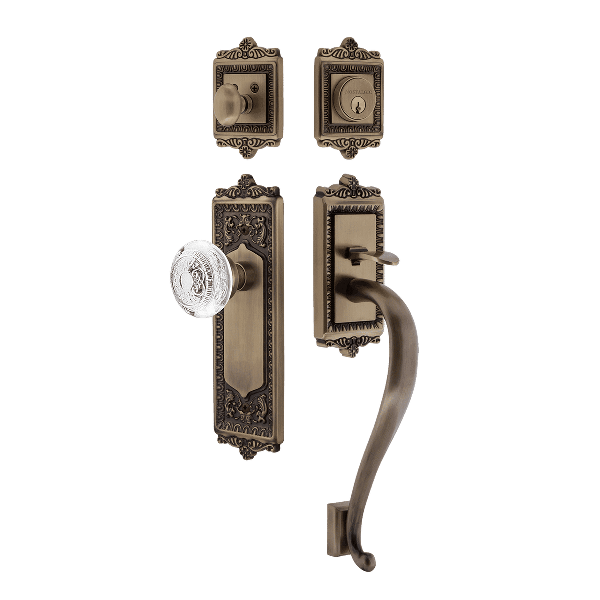 Nostalgic 755557: Entry Lockset w/Egg & Dart Backplate, S-Grip Exterior Handle and Egg & Dart Crystal Knob - Antique Brass
