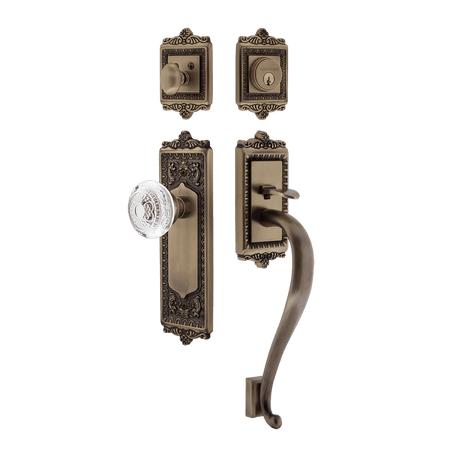 Nostalgic 755556: Entry Lockset w/Egg & Dart Backplate, S-Grip Exterior Handle and Egg & Dart Crystal Knob - Antique Brass